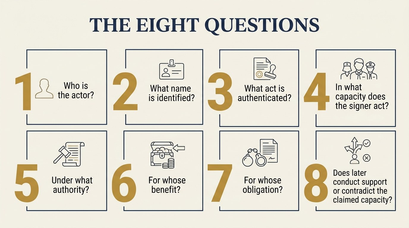 An interior illustration showing the eight questions for examining a signature